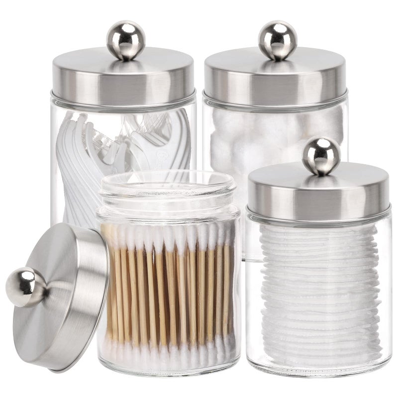 Tbestmax Glass Qtip Holder Dispenser, 10-Ounce Bathroom Containers Apothecary Jars with Metal Lids for Cotton Ball Swab Pad (4 Pack) - Image 1